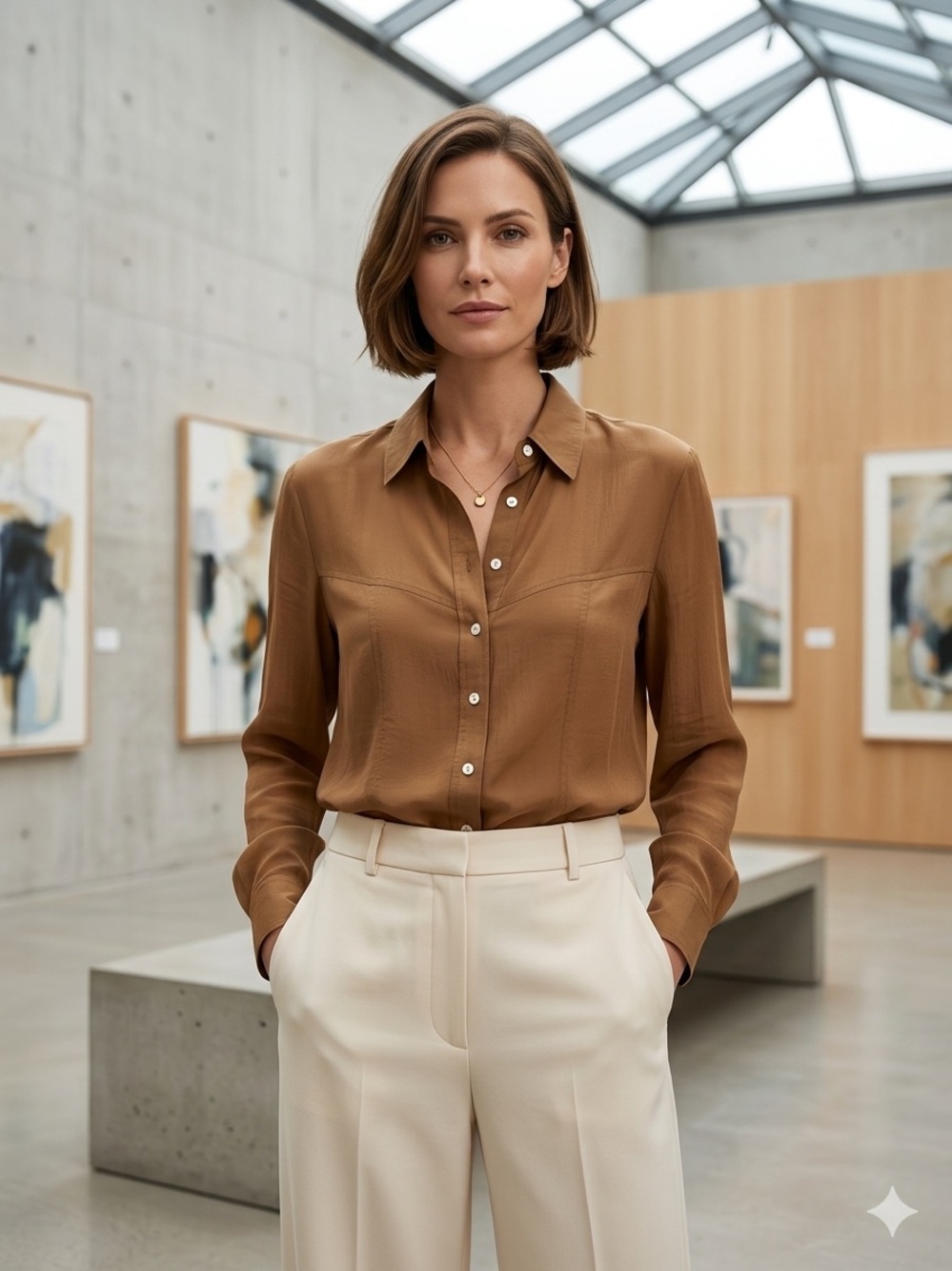 Women’s Bronze/tan Button-Down Silk-Look Shirt